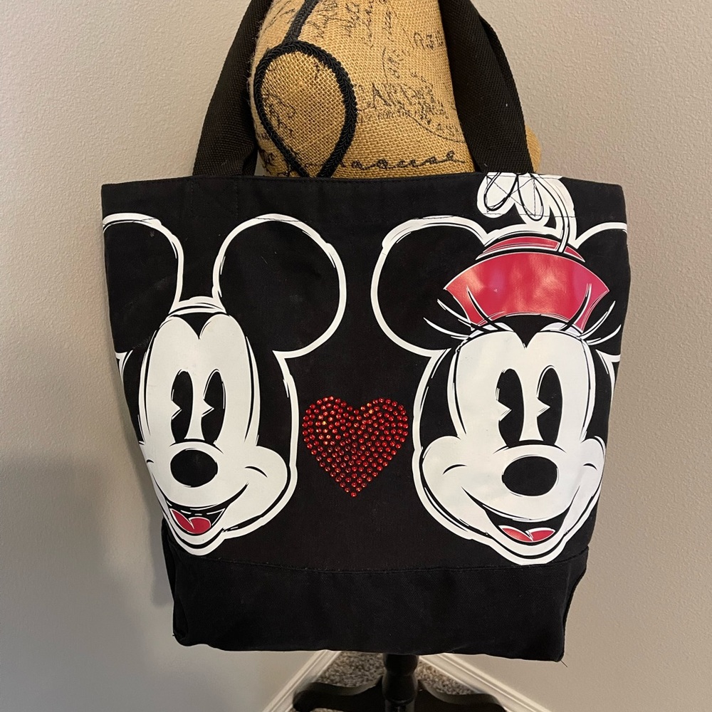 Adorable Disney Mickey Minnie Love Red Bling Heart Canvas Tote Bag Double Strap
